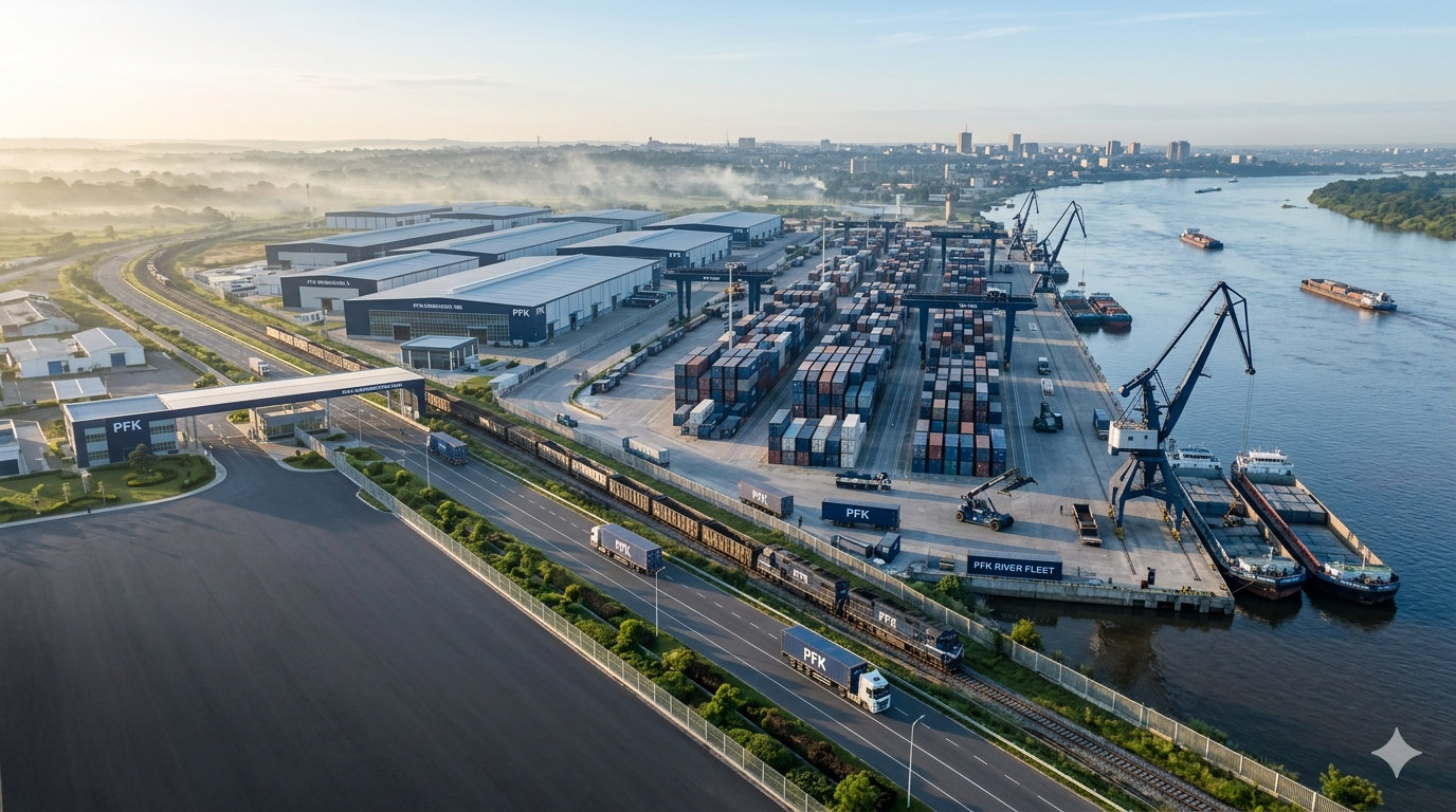 Aerial view of PFK's multimodal logistics platform and river-linked trade infrastructure